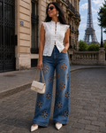 Floral Cutout Wide-Leg Jeans