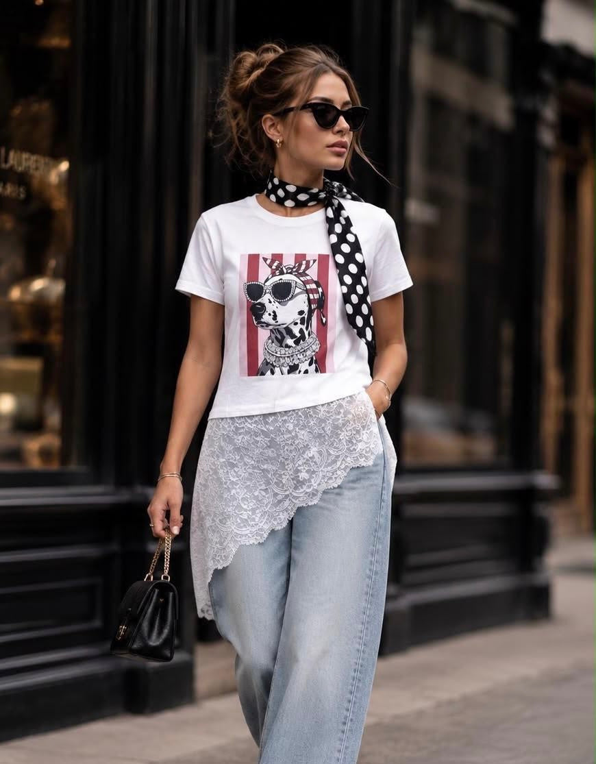 Chic Lace Detail Tee With Scarf