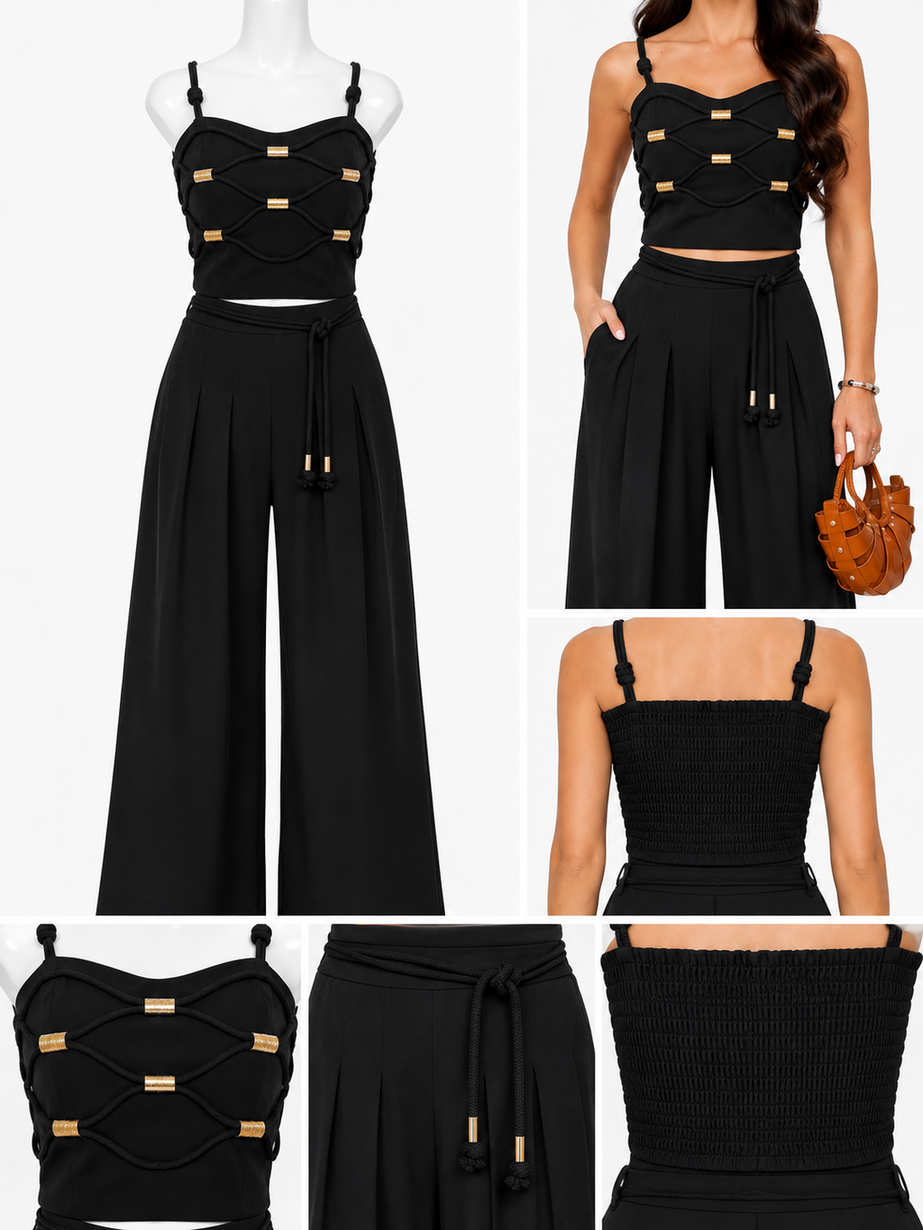 Luxe Cord Detail Black Wide Leg Set