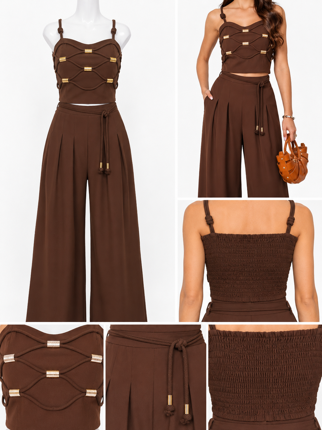 Luxe Cord Detail Brown Wide Leg Set
