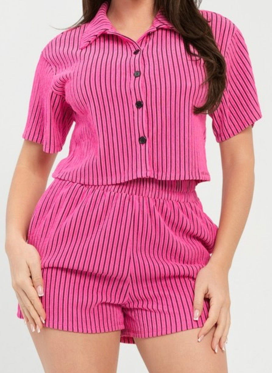 Pink Pleated Stripe Short Set