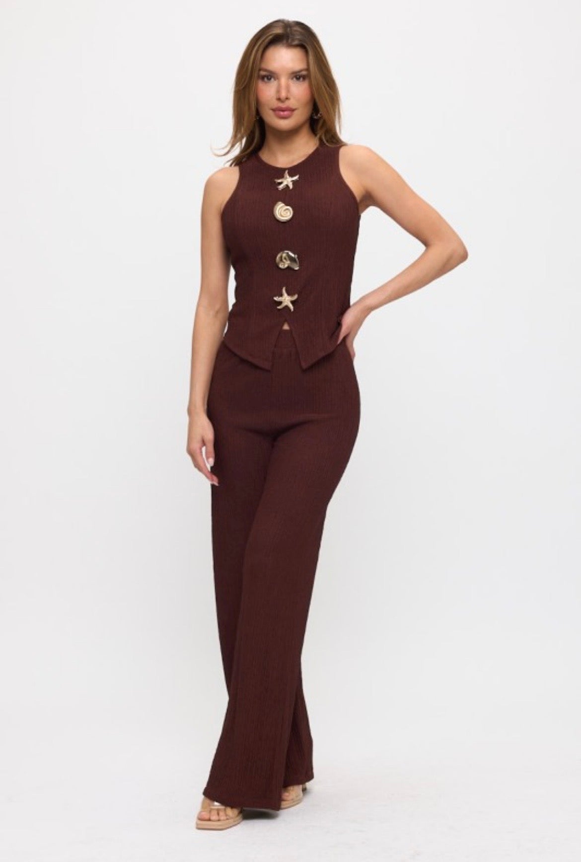 Coastal Charm Brown Two-Piece Pant Set