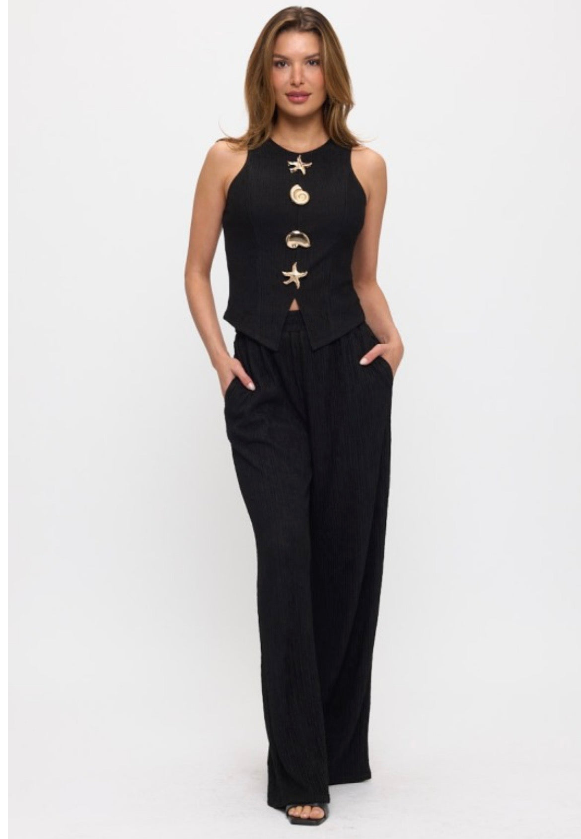 Coastal Charm Black Two-Piece Pant Set