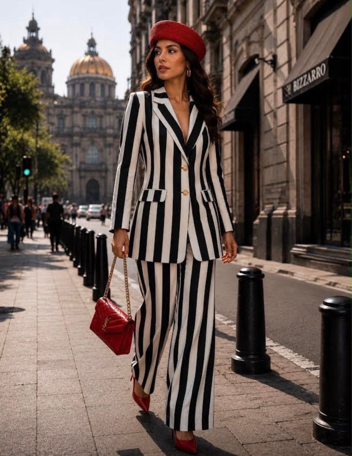 Monochrome Stripe Blazer & Wide-Leg Pants Set