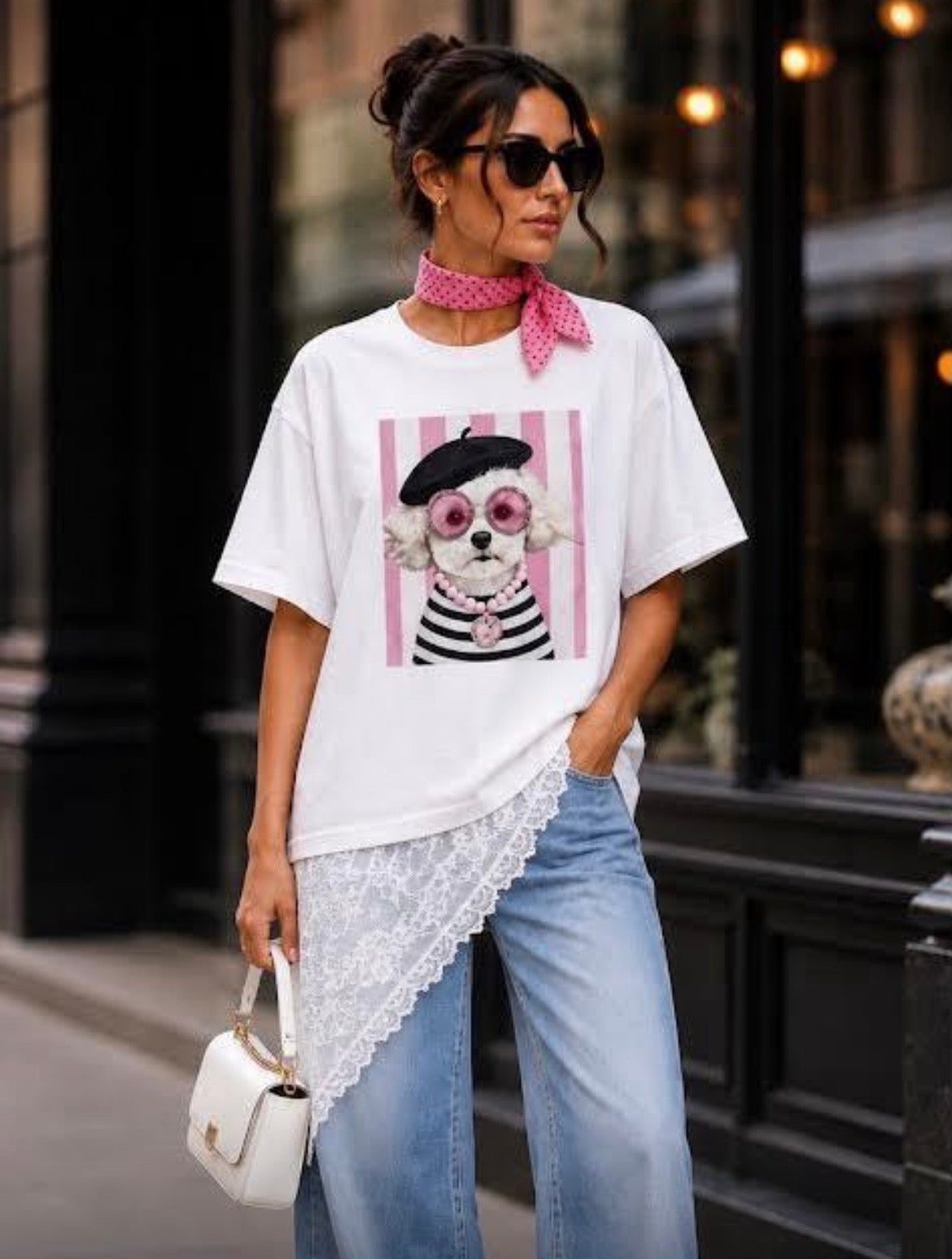 Chic Lace Detail Tee With Scarf