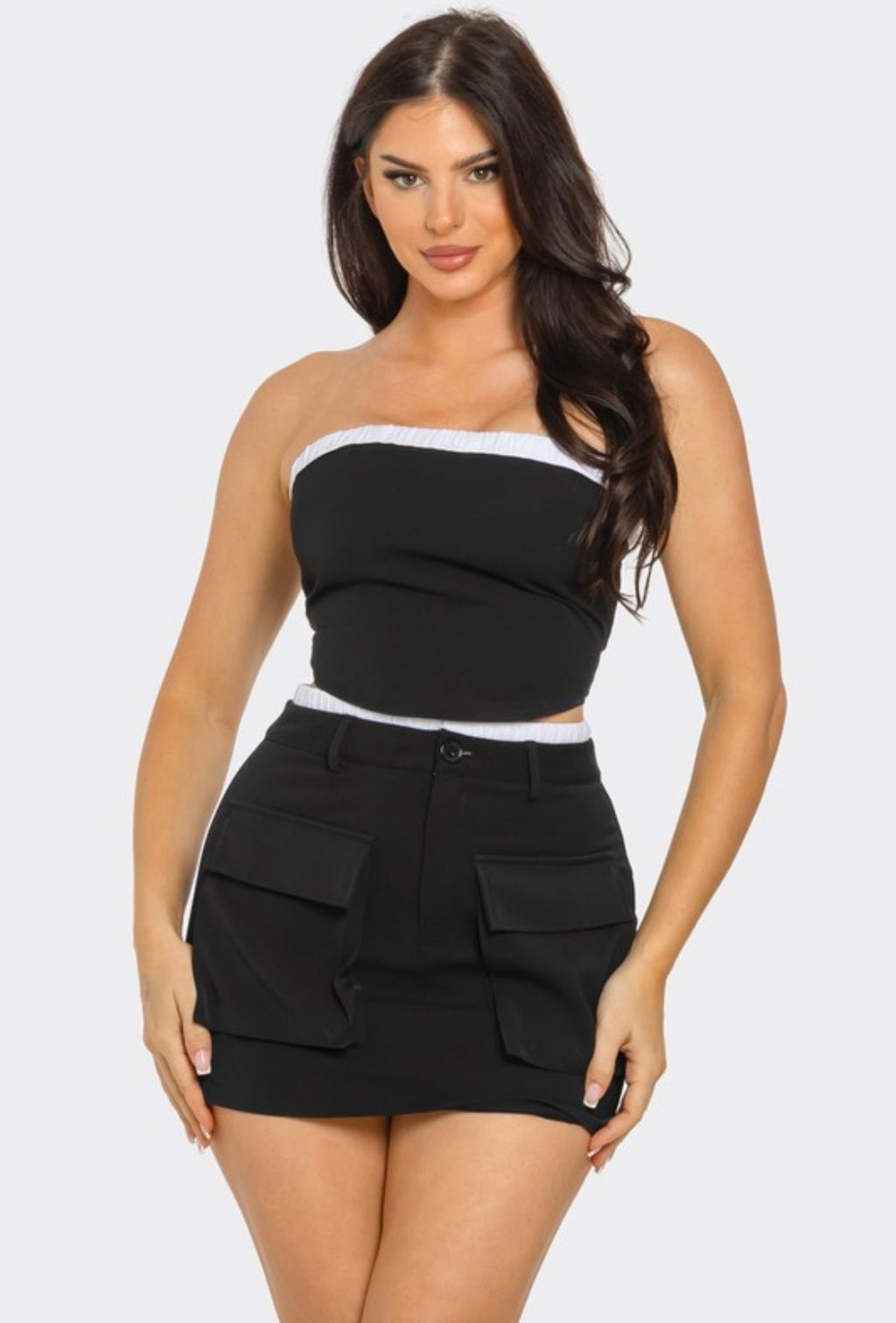 Contrast Trim Cargo Skirt Set, Black