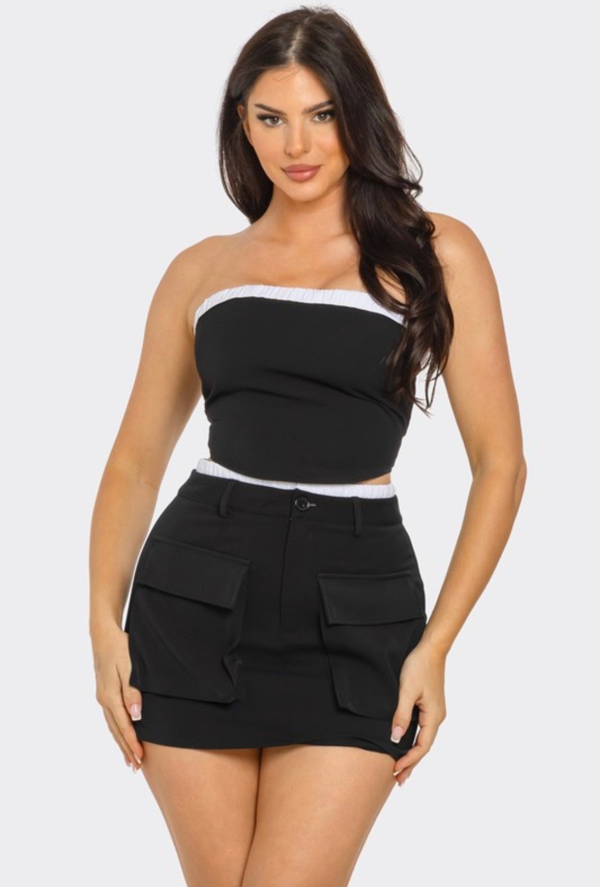 Contrast Trim Cargo Skirt Set, Black