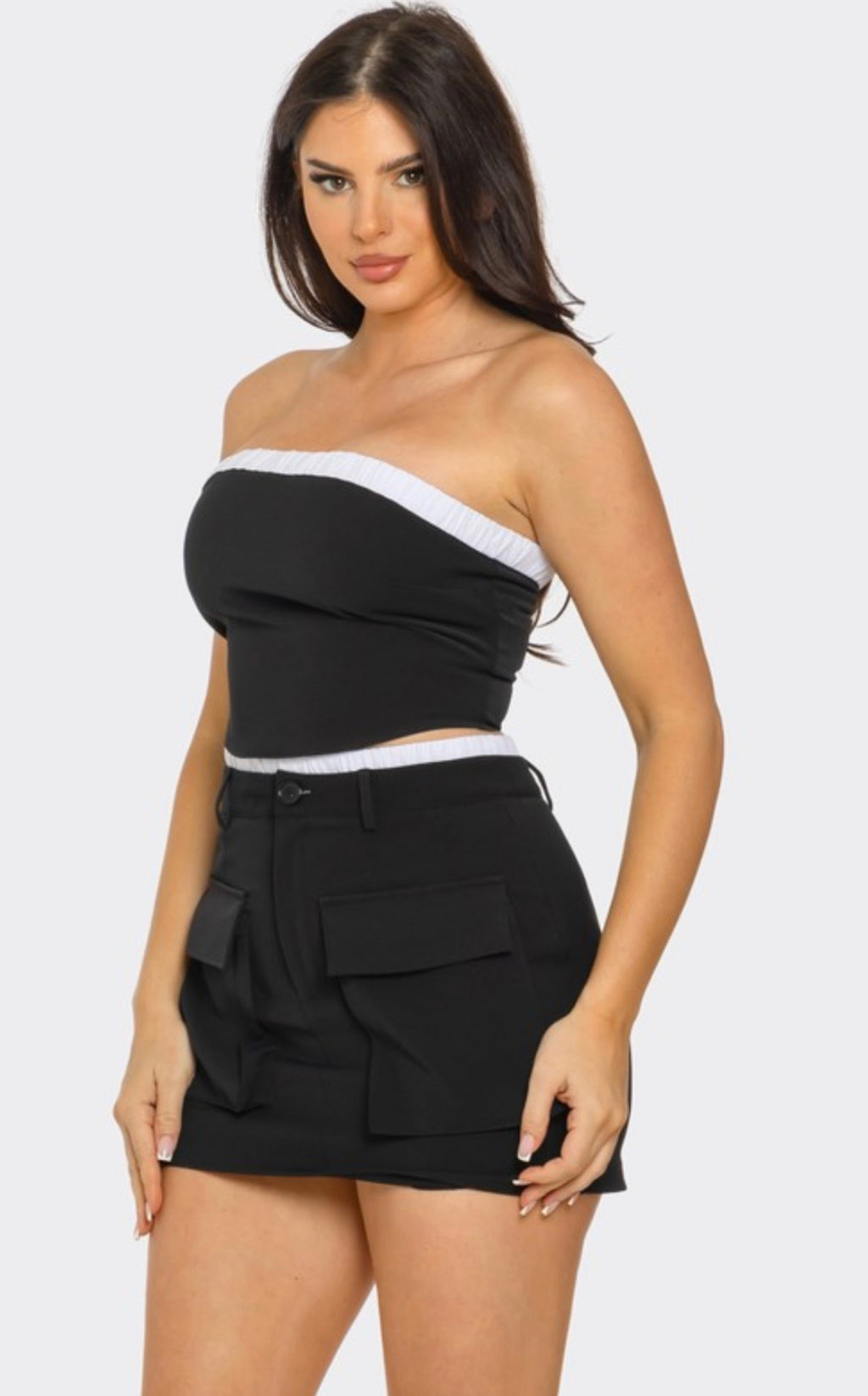 Contrast Trim Cargo Skirt Set, Black