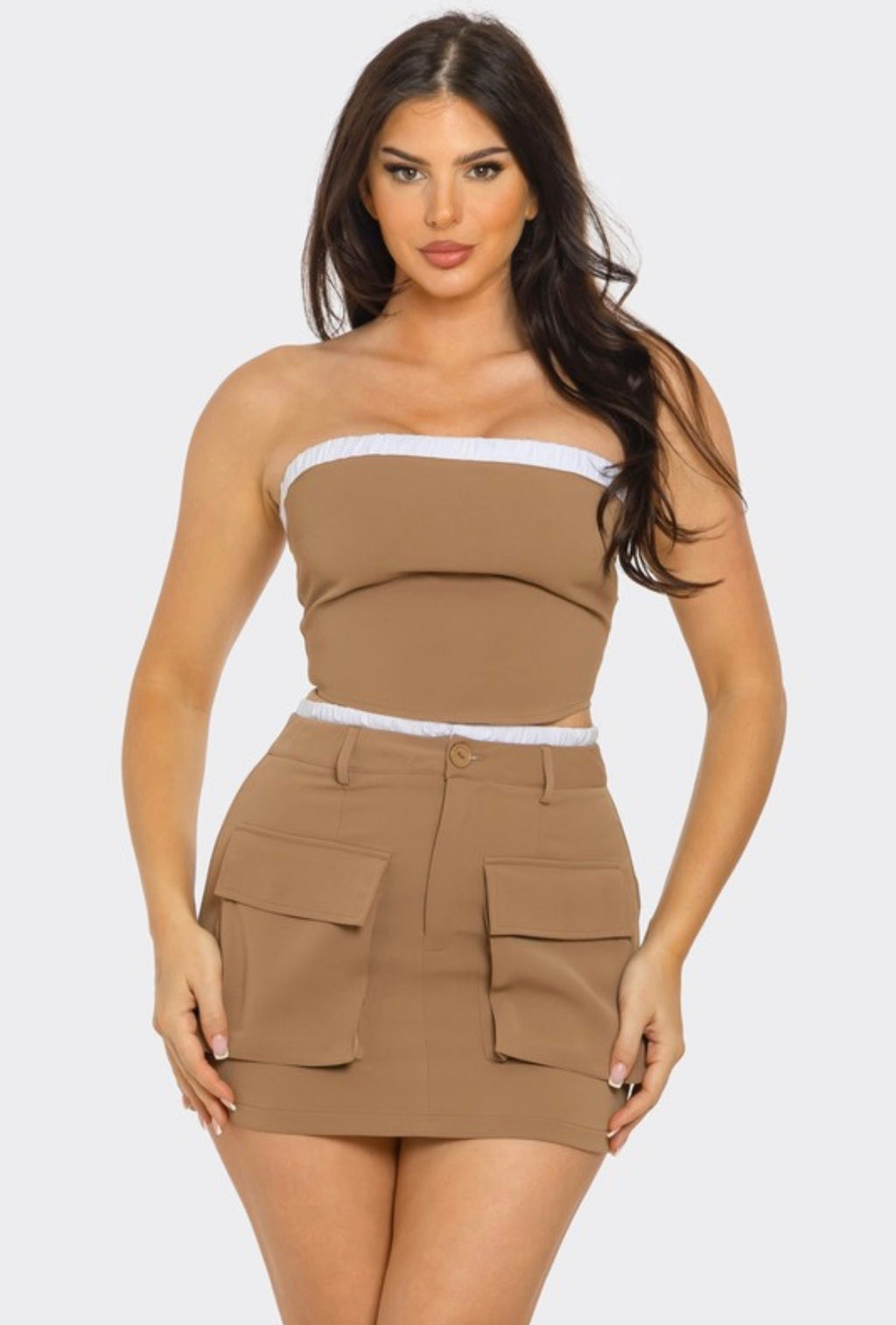 Contrast Trim Cargo Skirt Set, Brown.