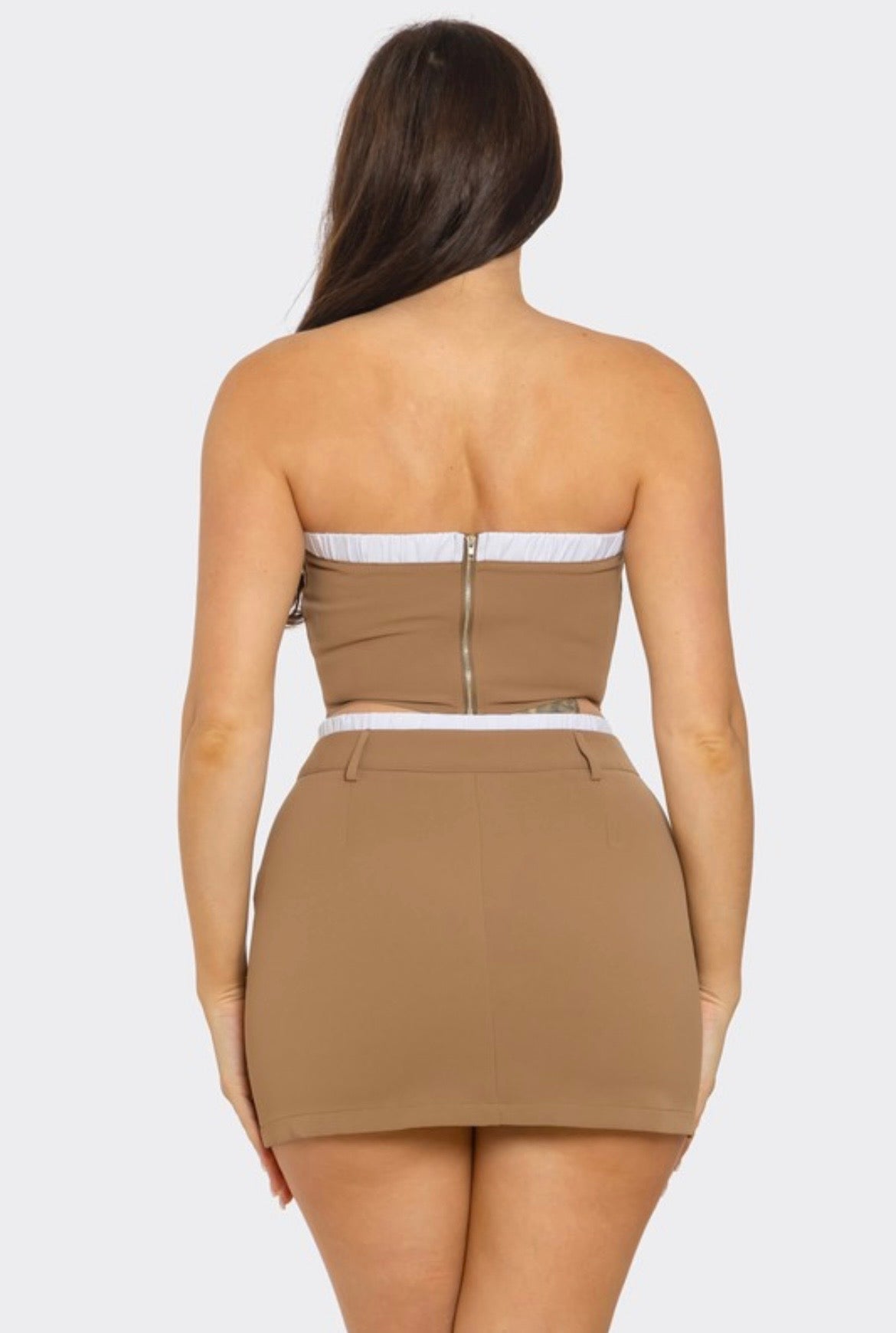 Contrast Trim Cargo Skirt Set, Brown.