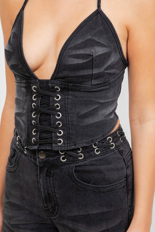 Midnight Lace-Up Denim Set