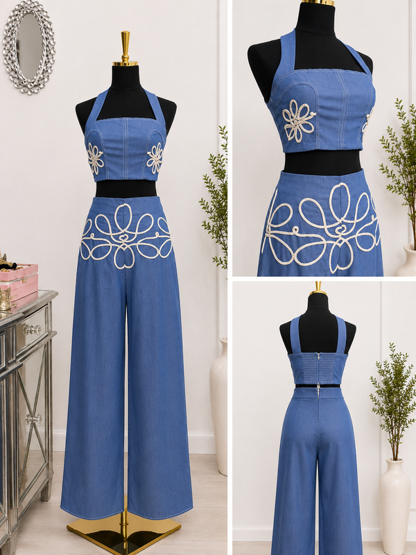 Blue Blossom Wide-Leg Two-Piece Set