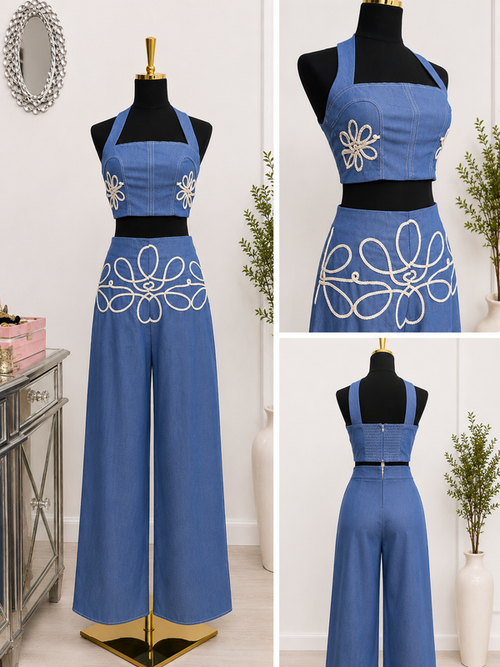 Blue Blossom Wide-Leg Two-Piece Set