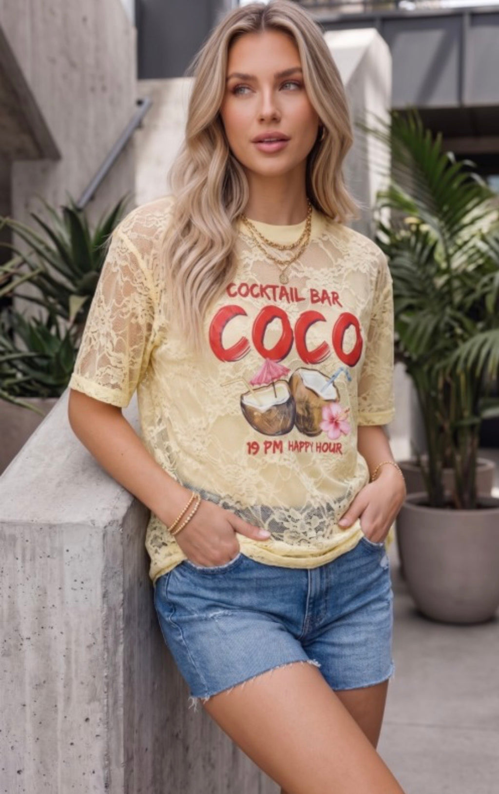Coco Cocktail Bar Lace Graphic Tee, Yellow